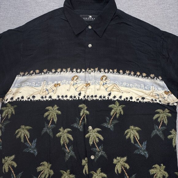 Vintage Consensus Sportswear Hawaiian Shirt Size L Black Palm Tree Pin-Up Girl - Picture 5 of 13